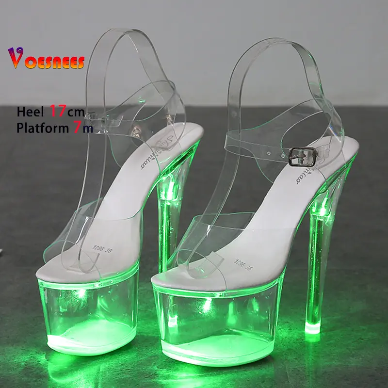17CM Stripper Heels Women Glitter Shoes Clear Heel Light-emitting PVC Platform Sandals LED Light Buckle Strap Super High Heels
