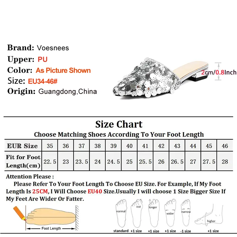 Mules 2CM High Heels Comfort Luxury Low Heel Summer Lady Shoes Designer Women Fashion Sequin Slides Sandals Pointed Toe Slippers
