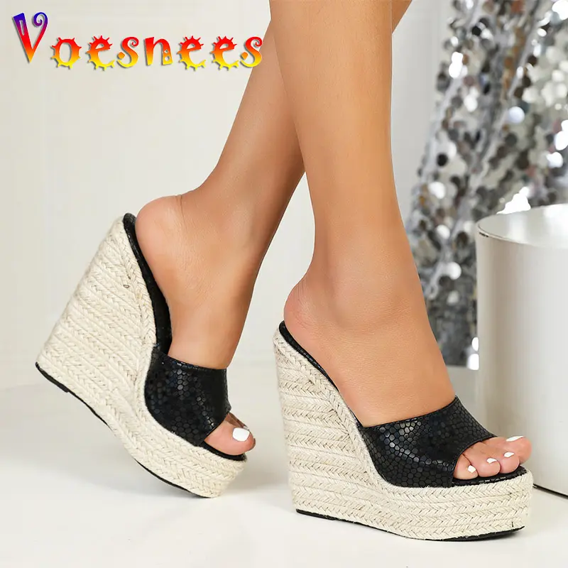 Comfortable Wedges Casual Slippers Fashion Weave Platform Summer Sandals Snake Print High Heels Pumps Newest Women Beach Shoes