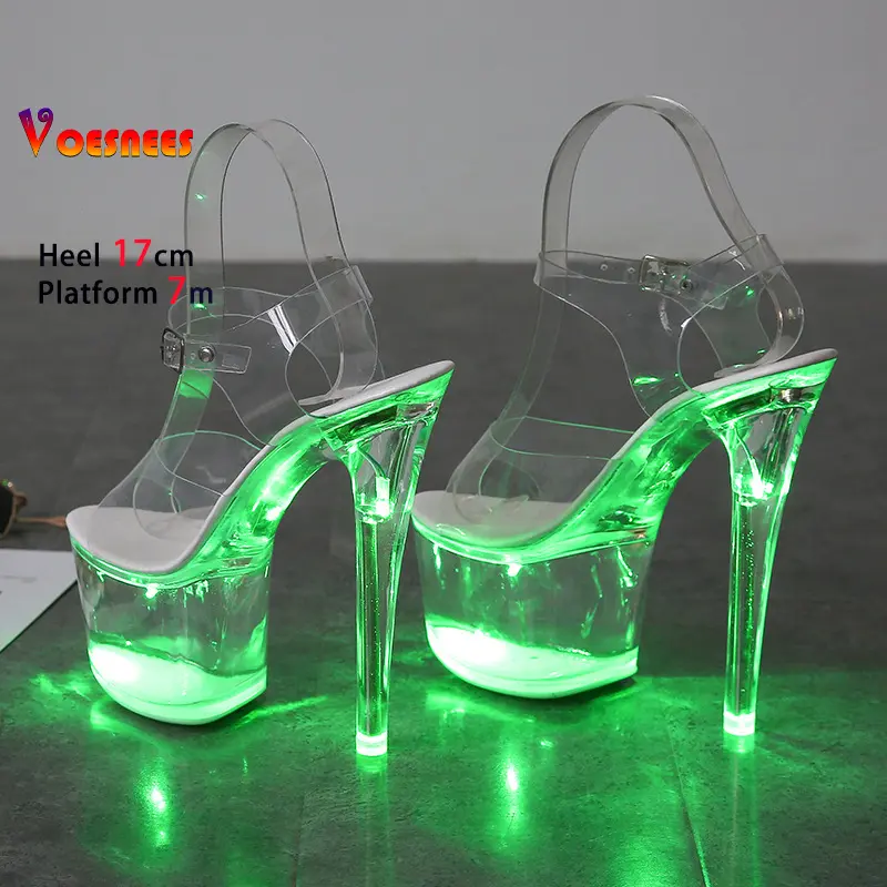 17CM Stripper Heels Women Glitter Shoes Clear Heel Light-emitting PVC Platform Sandals LED Light Buckle Strap Super High Heels