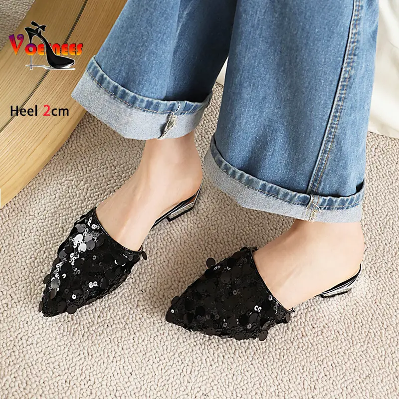 Mules 2CM High Heels Comfort Luxury Low Heel Summer Lady Shoes Designer Women Fashion Sequin Slides Sandals Pointed Toe Slippers