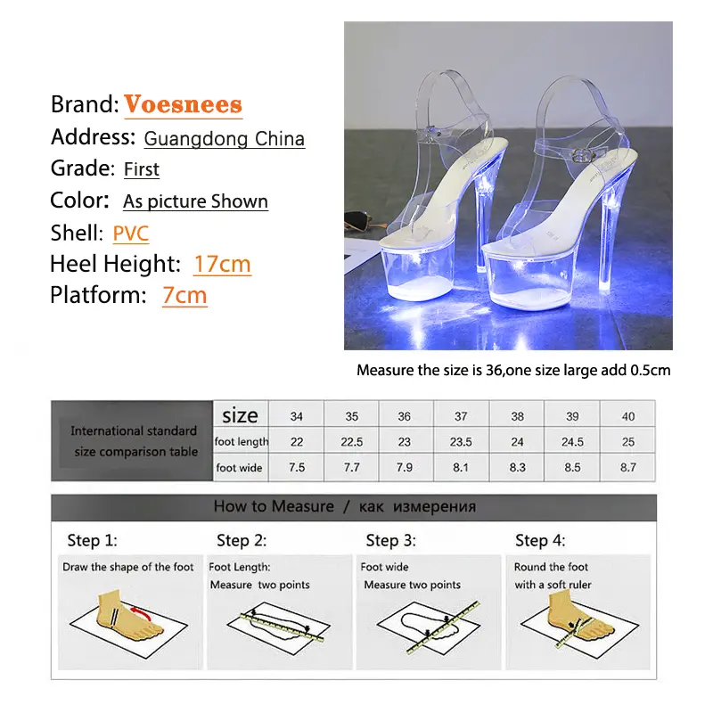 17CM Stripper Heels Women Glitter Shoes Clear Heel Light-emitting PVC Platform Sandals LED Light Buckle Strap Super High Heels