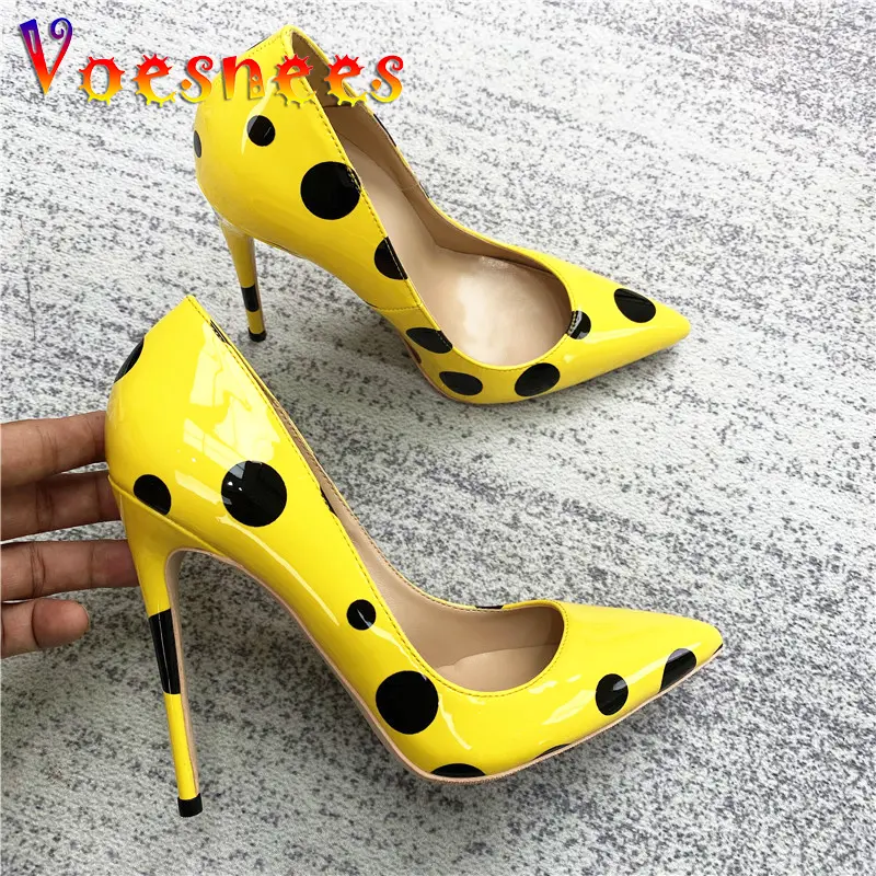 Polka Dot Party Women Shoes Yellow Pointed To Stiletto Pumps 12CM Everyday Office Ladies Single Shoes Fashion Print High Heels