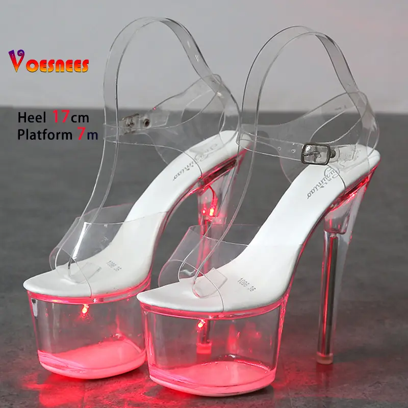 17CM Stripper Heels Women Glitter Shoes Clear Heel Light-emitting PVC Platform Sandals LED Light Buckle Strap Super High Heels
