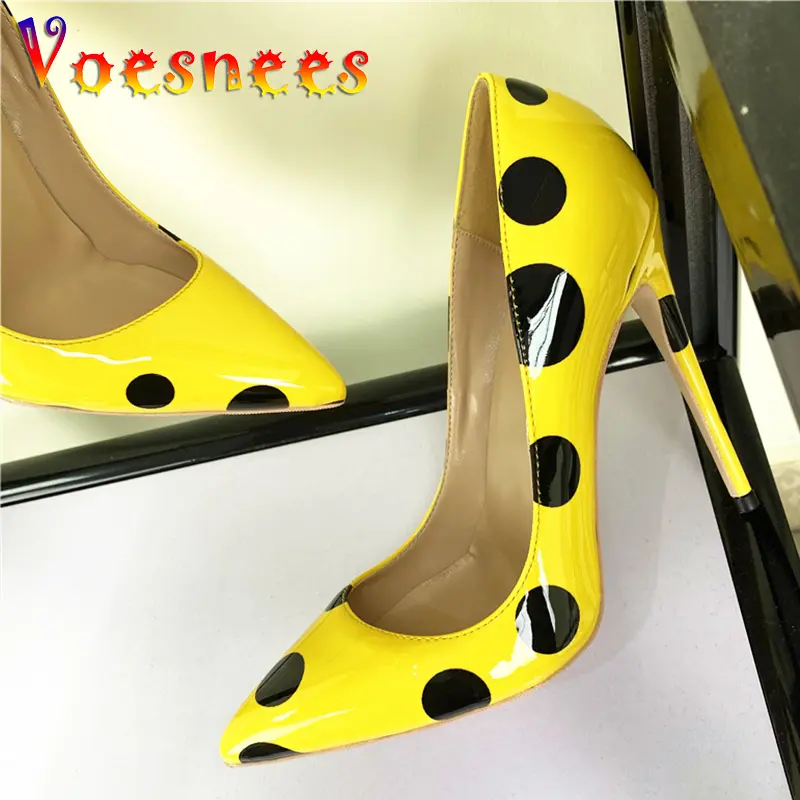 Polka Dot Party Women Shoes Yellow Pointed To Stiletto Pumps 12CM Everyday Office Ladies Single Shoes Fashion Print High Heels