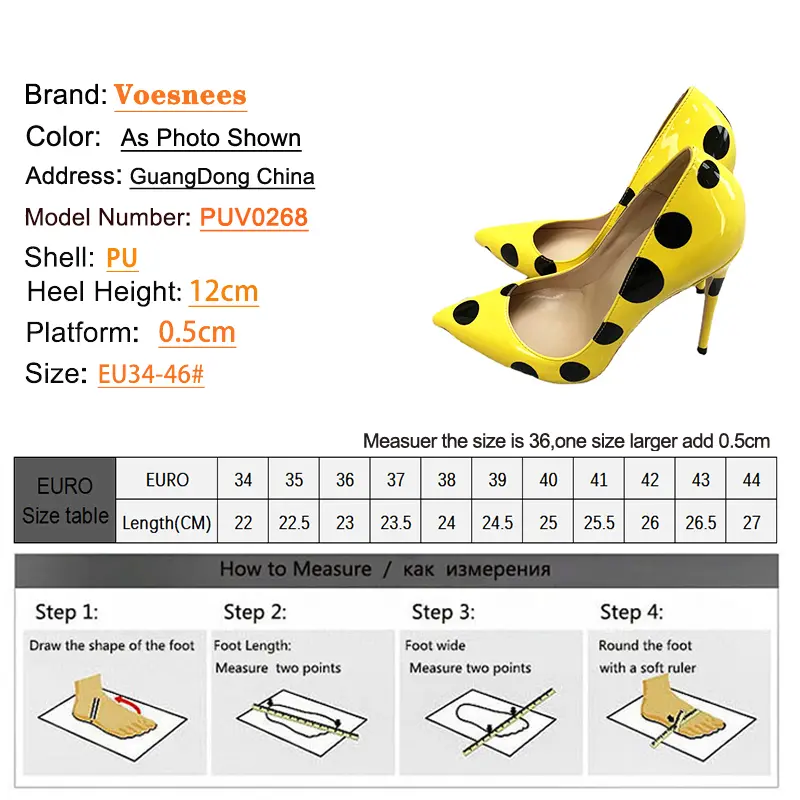 Polka Dot Party Women Shoes Yellow Pointed To Stiletto Pumps 12CM Everyday Office Ladies Single Shoes Fashion Print High Heels