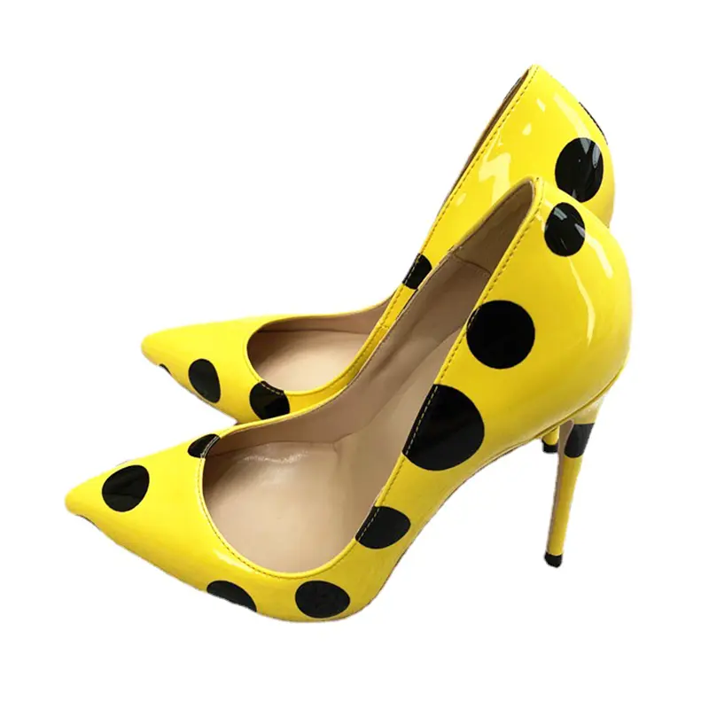 Polka Dot Party Women Shoes Yellow Pointed To Stiletto Pumps 12CM Everyday Office Ladies Single Shoes Fashion Print High Heels