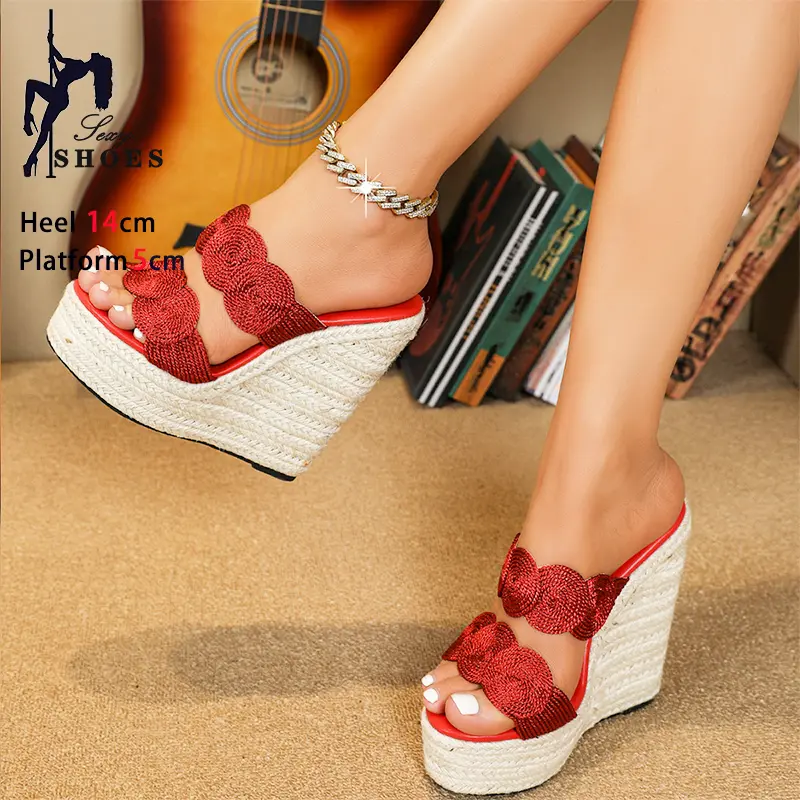 Brand New Grass Rope Waterproof Platform High Heels Summer Lady Slippers 14CM Wedges Heeled Sandals Casual Fashion Women Shoes
