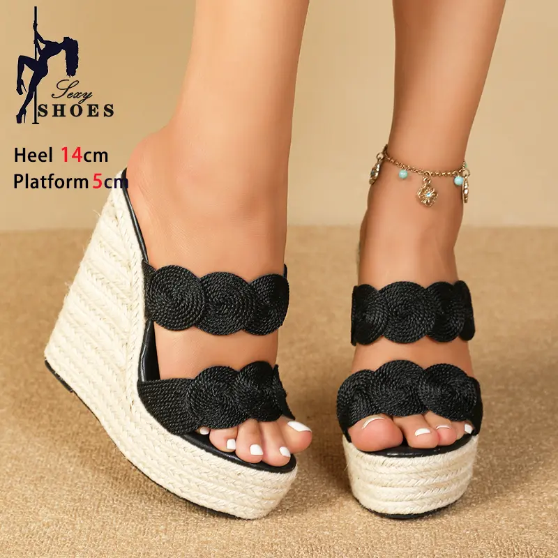 Brand New Grass Rope Waterproof Platform High Heels Summer Lady Slippers 14CM Wedges Heeled Sandals Casual Fashion Women Shoes