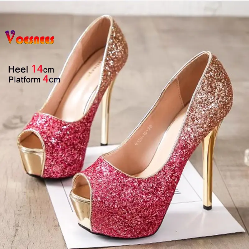 Sexy Peep Toe Shoes Women European And American Nightclub Blingbling Sequin High Heels Spring Autumn 12CM 14CM Stiletto Pumps