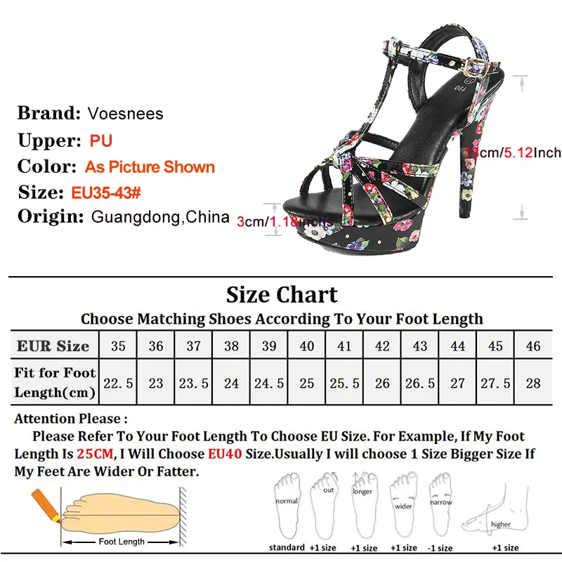 Europe and America Flower Printed Party Shoes 13CM 15CM 17CM Stiletto Summer Fashion Platform T Strap Sandals For Women Size 43