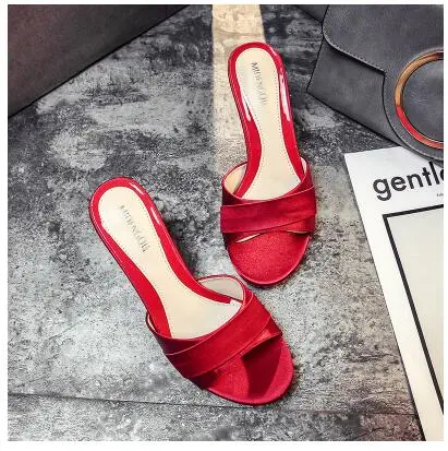 Slippers Summer 2019 High-heeled Slim Banquet Silk and Satin  Slippers Sexy Belt Decoration Slippers 41 42 43 Size Sandals