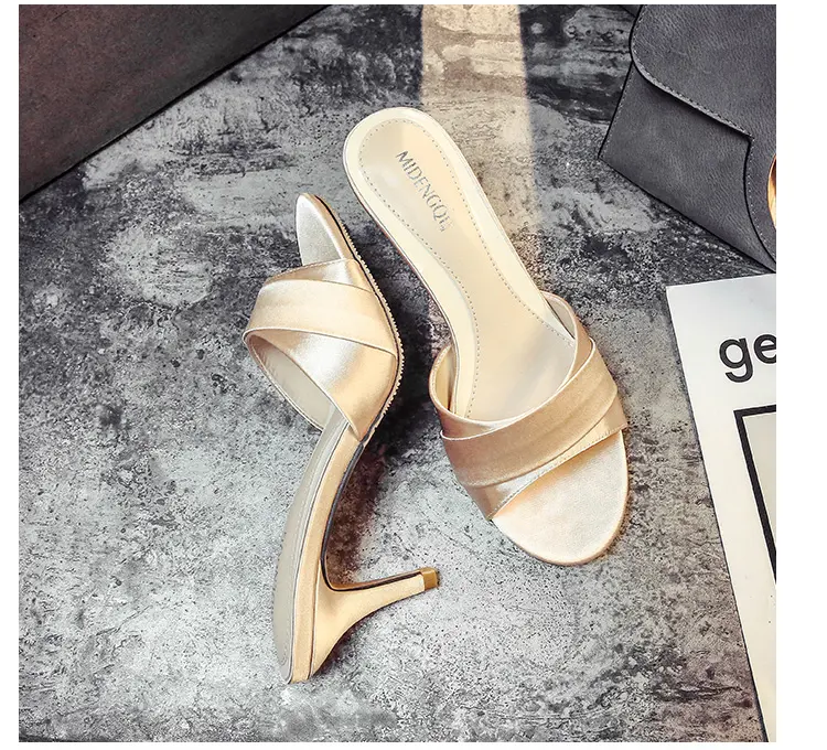 Slippers Summer 2019 High-heeled Slim Banquet Silk and Satin  Slippers Sexy Belt Decoration Slippers 41 42 43 Size Sandals