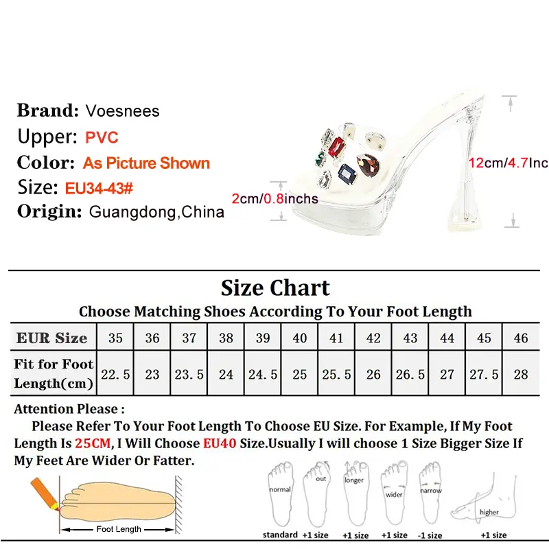 Outdoors Transparent High Heels Slippers 12CM Summer Thick Platform Non-slip Sandals Colored Rhinestone Square Toe Women Shoes
