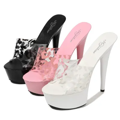 Women Slipper Shoes Stilettos Heels Super High heels 14cm Waterproof Fishmouth Sandals Transparent Crystal Shoes Wedding Shoes