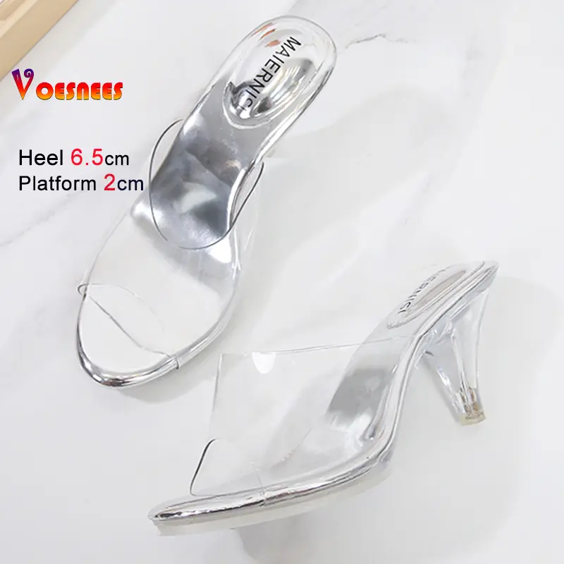 Low Heel 6.5cm Girls Outdoor Slippers Transparent Crystal Heel Summer Beach Sandals High Heels Sexy Women's Footwear Size 43
