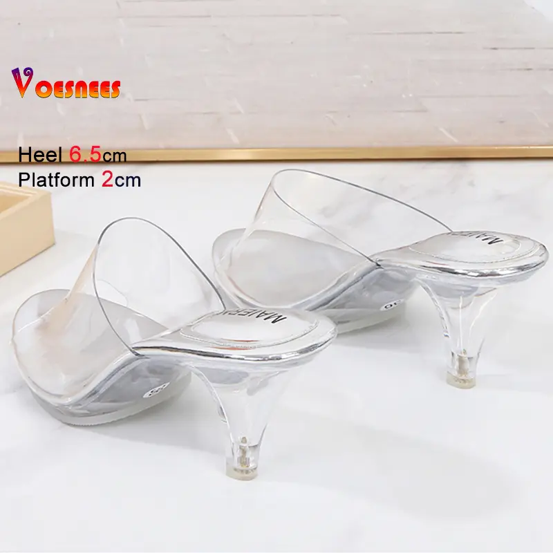 Low Heel 6.5cm Girls Outdoor Slippers Transparent Crystal Heel Summer Beach Sandals High Heels Sexy Women's Footwear Size 43