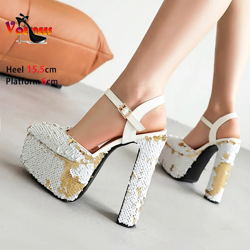 Bling Sequin Sandals Women Stage Show Buckle Strap High Heels Summer Thick Platform Ladies Shoes Nightclub Sandalias De Mujer