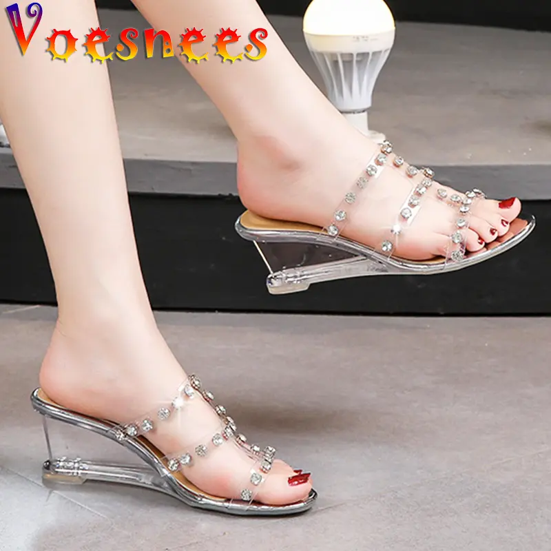 Fashion Transparent Rhinestone Women Slippers Summer New Modern Wedges High Heels Chain Adult Sandals Sexy Party Women Shoes