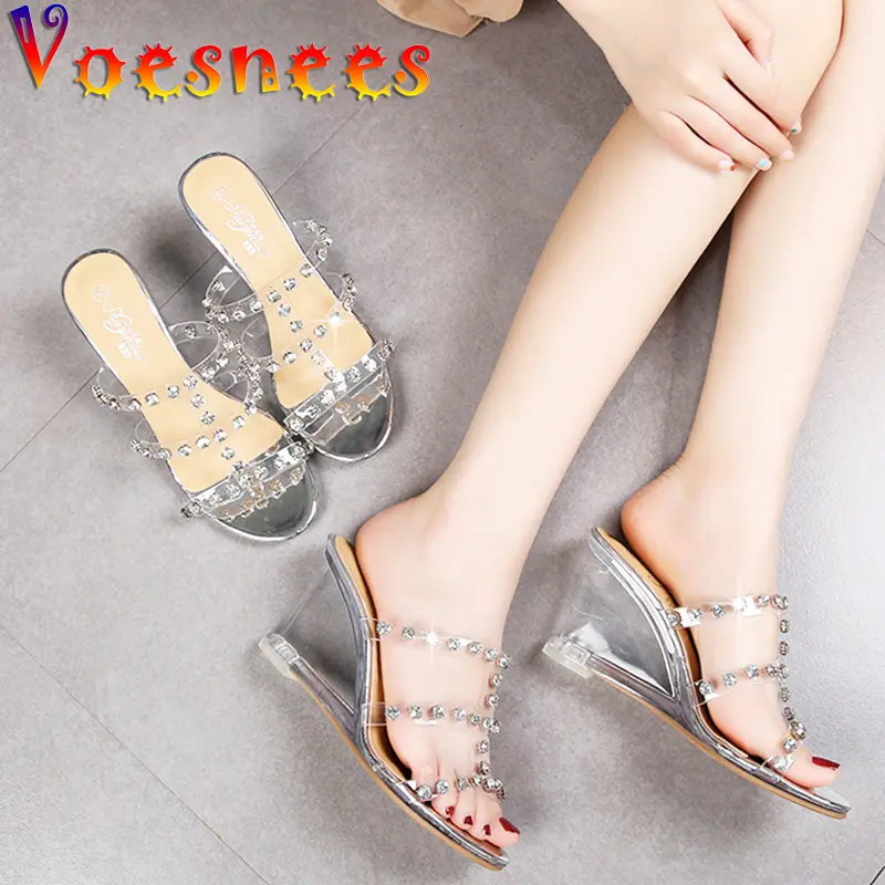 Fashion Transparent Rhinestone Women Slippers Summer New Modern Wedges High Heels Chain Adult Sandals Sexy Party Women Shoes