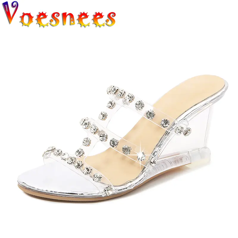 Fashion Transparent Rhinestone Women Slippers Summer New Modern Wedges High Heels Chain Adult Sandals Sexy Party Women Shoes