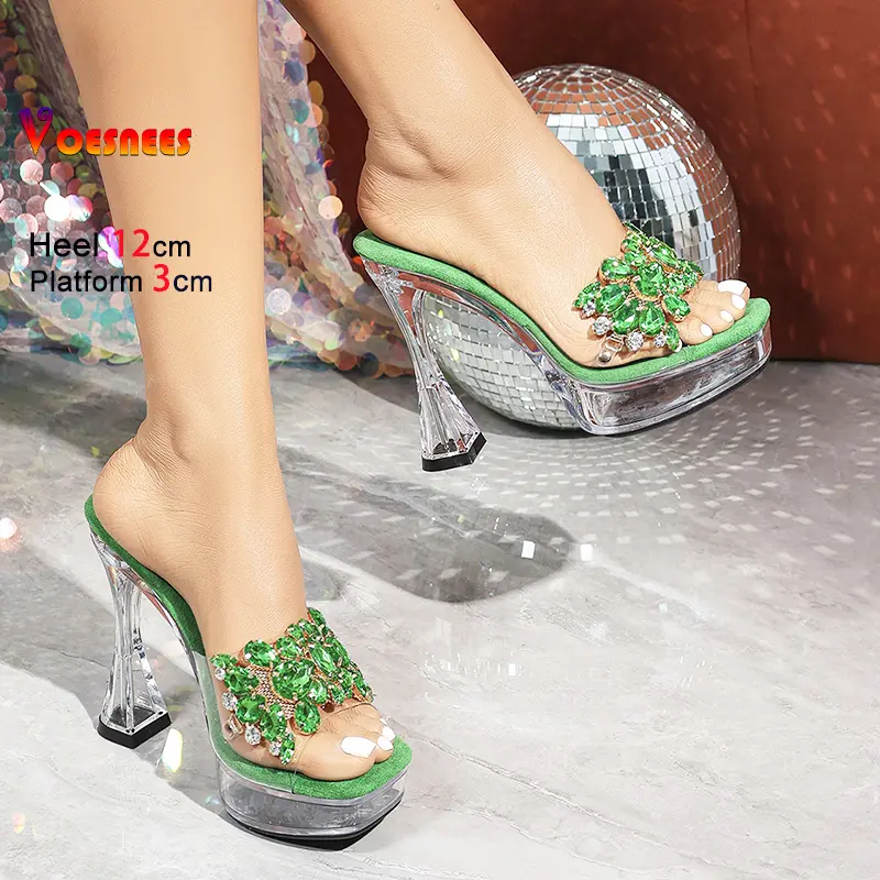 Transparent Square Toe Crystal Slippers Mules Women Luxury Diamond Sandals 5CM Platform Summer Rhinestone Shoes 12CM Clear Heels