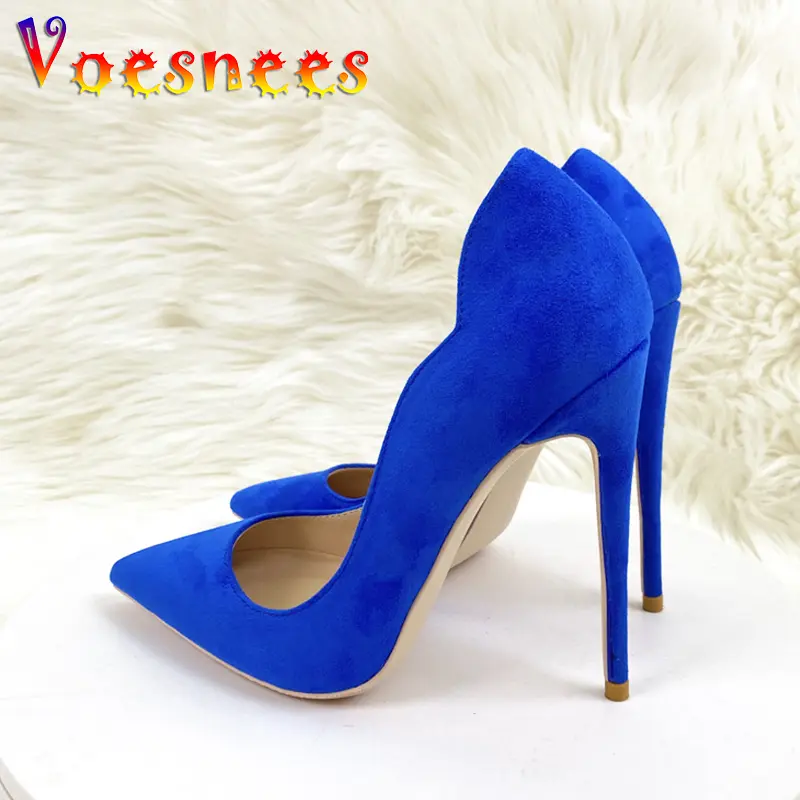 Blue Suede High Heels Fashion Pointed Toe Career Single Shoes 12CM Unique Tailoring Party Pumps Korean Style New Women Stilettos