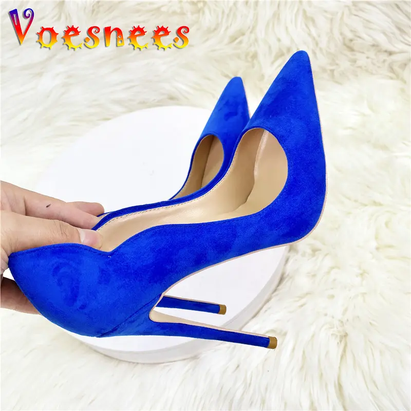 Blue Suede High Heels Fashion Pointed Toe Career Single Shoes 12CM Unique Tailoring Party Pumps Korean Style New Women Stilettos