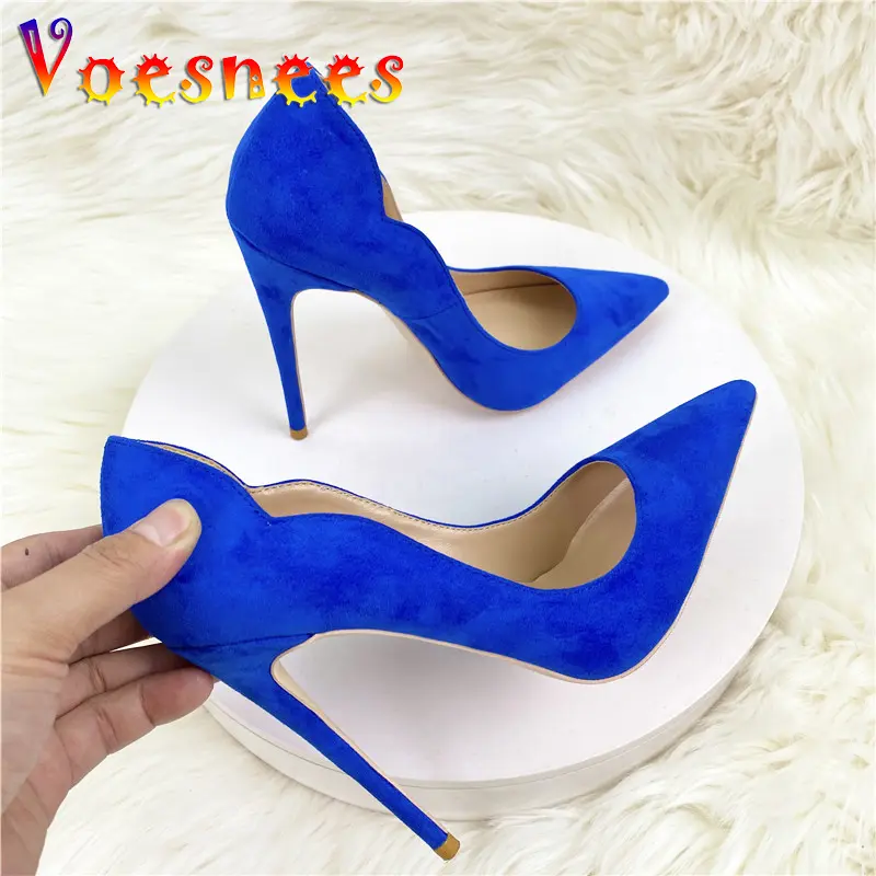 Blue Suede High Heels Fashion Pointed Toe Career Single Shoes 12CM Unique Tailoring Party Pumps Korean Style New Women Stilettos