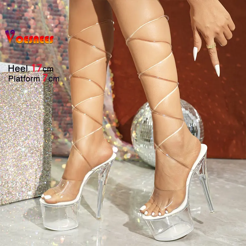Sexy Clear Super High Heels Women Lace-up Pole Dance Shoes 17CM Thin Heel Summer Party Shoes Female Platform Transparent Sandals
