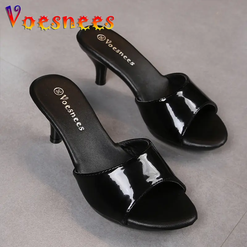 2021 Women Slippers Mule Clear Heels Patent Leather Slippers Sandals Sexy Crystal Heels Pointed Toe Slides Party Shoes Woman
