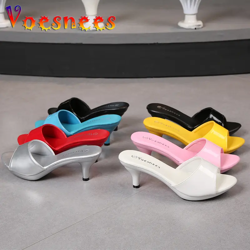 2021 Women Slippers Mule Clear Heels Patent Leather Slippers Sandals Sexy Crystal Heels Pointed Toe Slides Party Shoes Woman