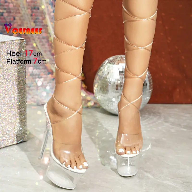 Sexy Clear Super High Heels Women Lace-up Pole Dance Shoes 17CM Thin Heel Summer Party Shoes Female Platform Transparent Sandals