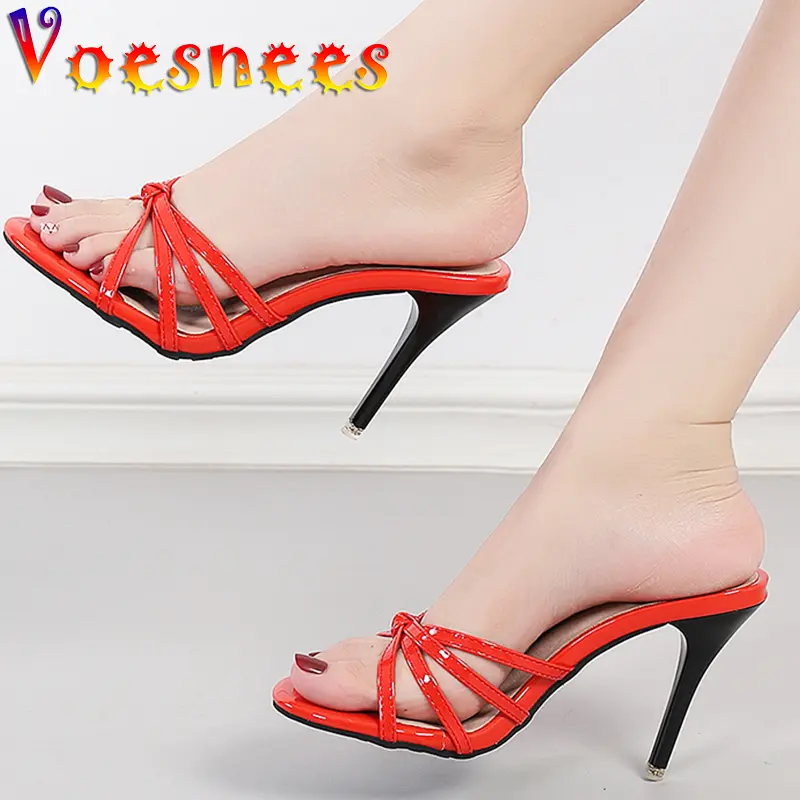 Patent Leather Solid Color Modern Slippers Office Career Ladies Slippers Outside Slides Women Sandals Thin High Heels Sexy Shoes
