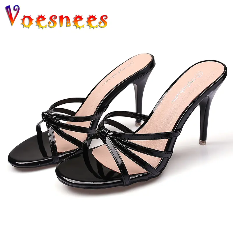 Patent Leather Solid Color Modern Slippers Office Career Ladies Slippers Outside Slides Women Sandals Thin High Heels Sexy Shoes