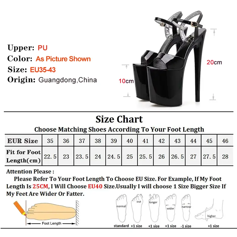 Summer Patent Leather 20cm Platform Sandals Women High Heels Pole Dancing Shoes Extreme Black Nightclub Sandals Plus Size 35-43