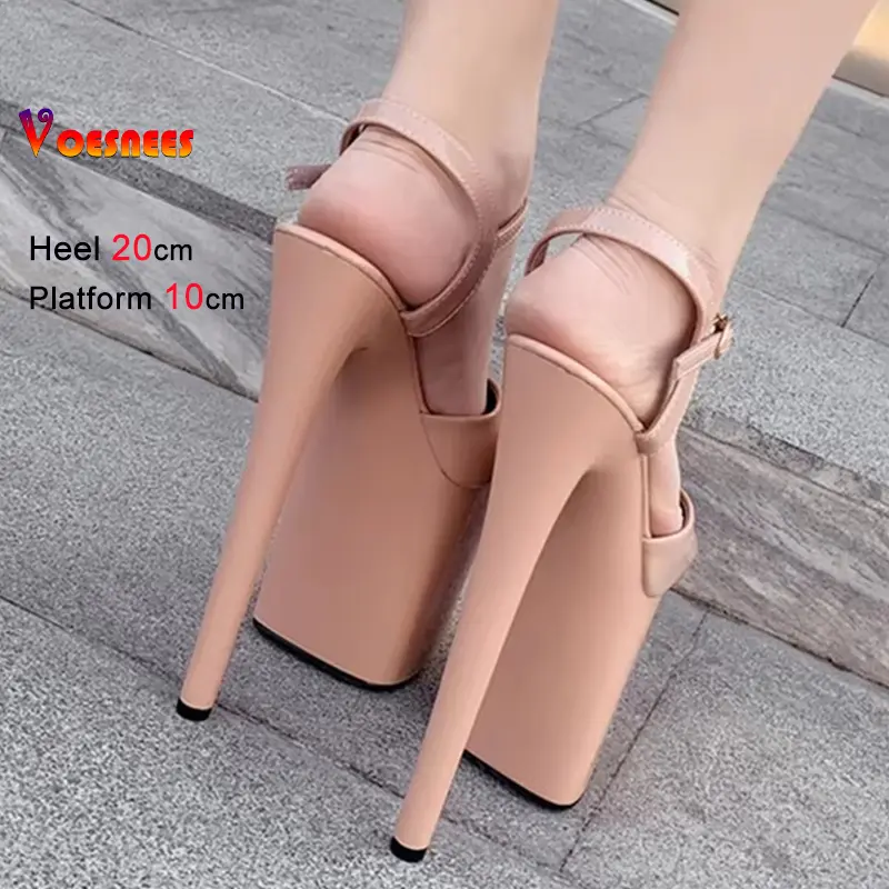 Summer Patent Leather 20cm Platform Sandals Women High Heels Pole Dancing Shoes Extreme Black Nightclub Sandals Plus Size 35-43