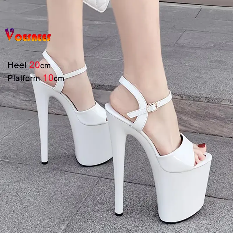 Summer Patent Leather 20cm Platform Sandals Women High Heels Pole Dancing Shoes Extreme Black Nightclub Sandals Plus Size 35-43