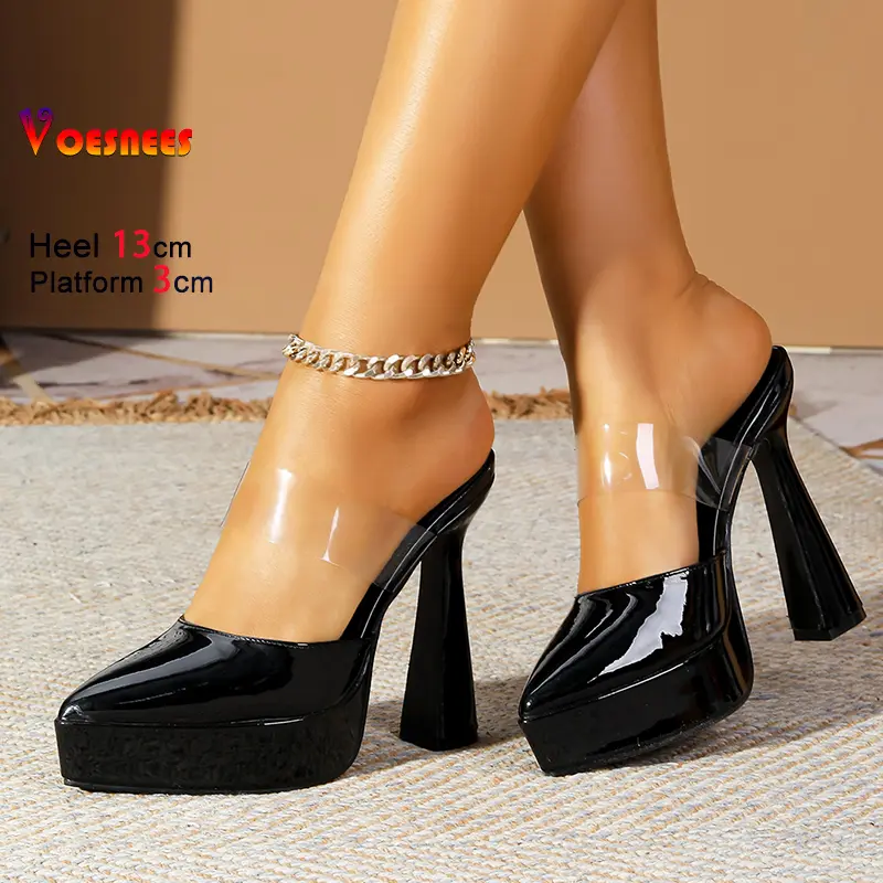 Plus Size 43 Women Slippers Mules Summer Closed Toe Pointed Solide Female Shoes 13CM High Heels Slip-on Thick Platform Sandals