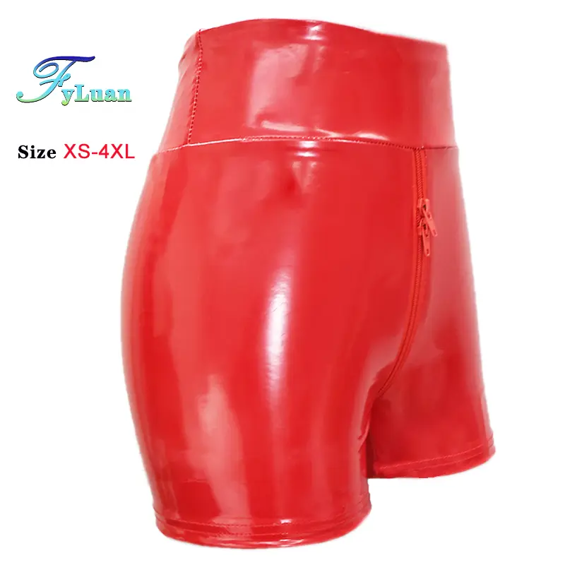 Tight Fitting Short Pants Shine PU Leather Red Double Zipper Womens Elastic High Waist Wetlook Latex Hot Goth Shorts Clubwear