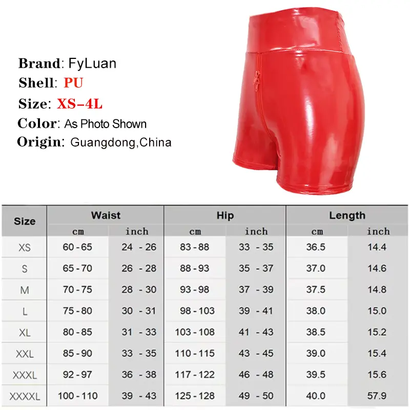 Tight Fitting Short Pants Shine PU Leather Red Double Zipper Womens Elastic High Waist Wetlook Latex Hot Goth Shorts Clubwear