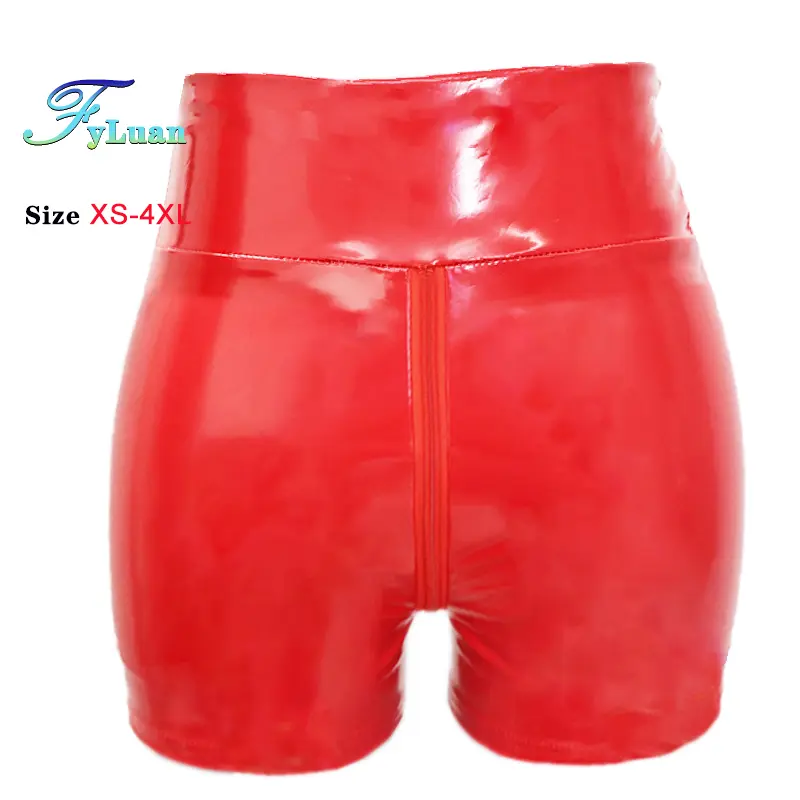 Tight Fitting Short Pants Shine PU Leather Red Double Zipper Womens Elastic High Waist Wetlook Latex Hot Goth Shorts Clubwear
