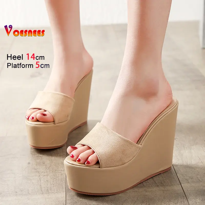 Summer High Heels Women Slides Slippers 2025 New Thick Bottom Wedges Suede Sandals For Woman 14CM Slip-on Outdoors Casual Shoes