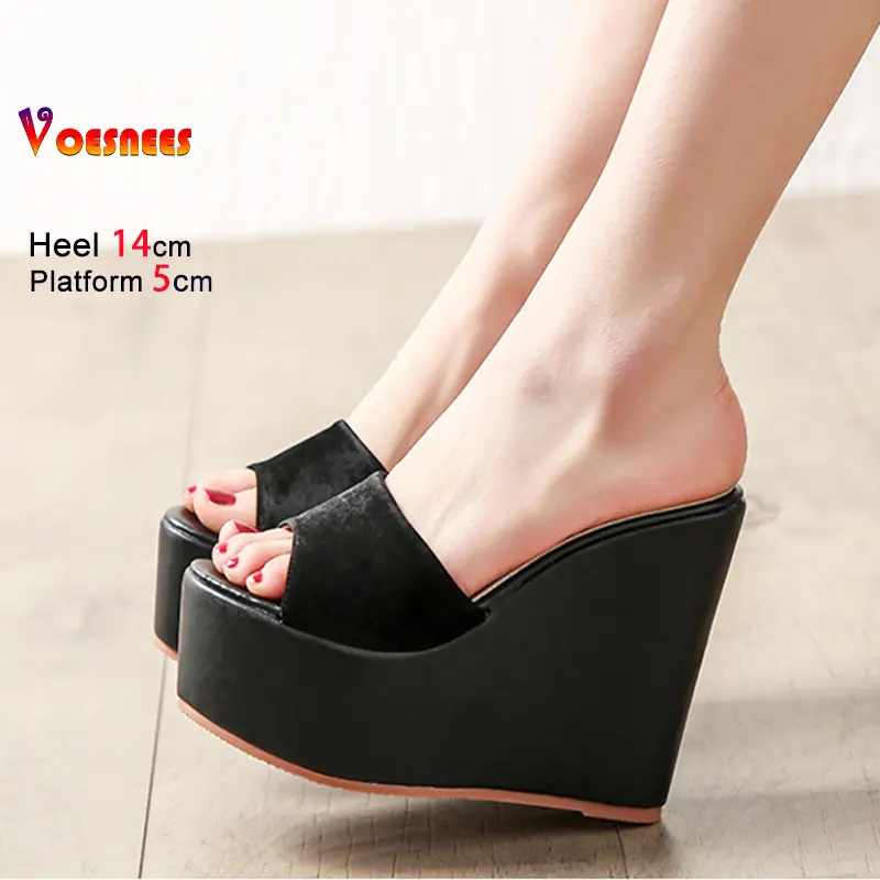 Summer High Heels Women Slides Slippers 2025 New Thick Bottom Wedges Suede Sandals For Woman 14CM Slip-on Outdoors Casual Shoes