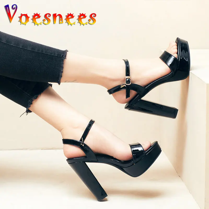 Brand Women Shoes Chunky Heel 12CM Summer Sandals Waterproof Platform Simplicity Career High Heels Plus Size Ankle Buckle Strap