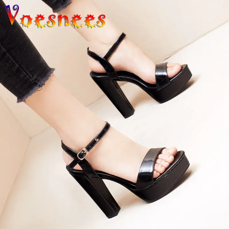 Brand Women Shoes Chunky Heel 12CM Summer Sandals Waterproof Platform Simplicity Career High Heels Plus Size Ankle Buckle Strap
