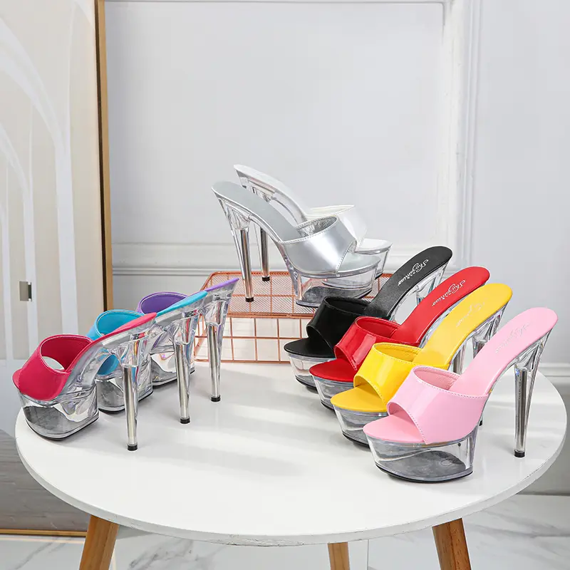 Women Slippers Summer Platform Flower Red High Heels Patent leather 15cm Outdoors Sandals Ladies Shoes Clear Heel Crystal Shoes