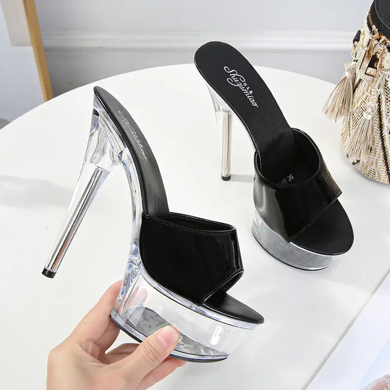 Women Slippers Summer Platform Flower Red High Heels Patent leather 15cm Outdoors Sandals Ladies Shoes Clear Heel Crystal Shoes