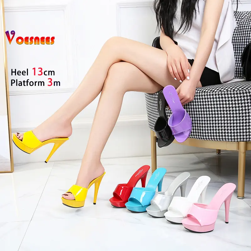 Womens Slippers Mule Patent Leather Thin Heels Sandals Classic High-heeled 13cm Sexy Female Slippers Summer Women Shoes Summer