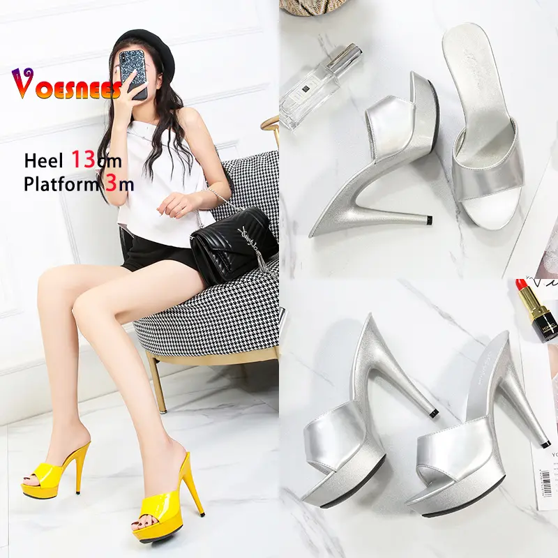 Womens Slippers Mule Patent Leather Thin Heels Sandals Classic High-heeled 13cm Sexy Female Slippers Summer Women Shoes Summer